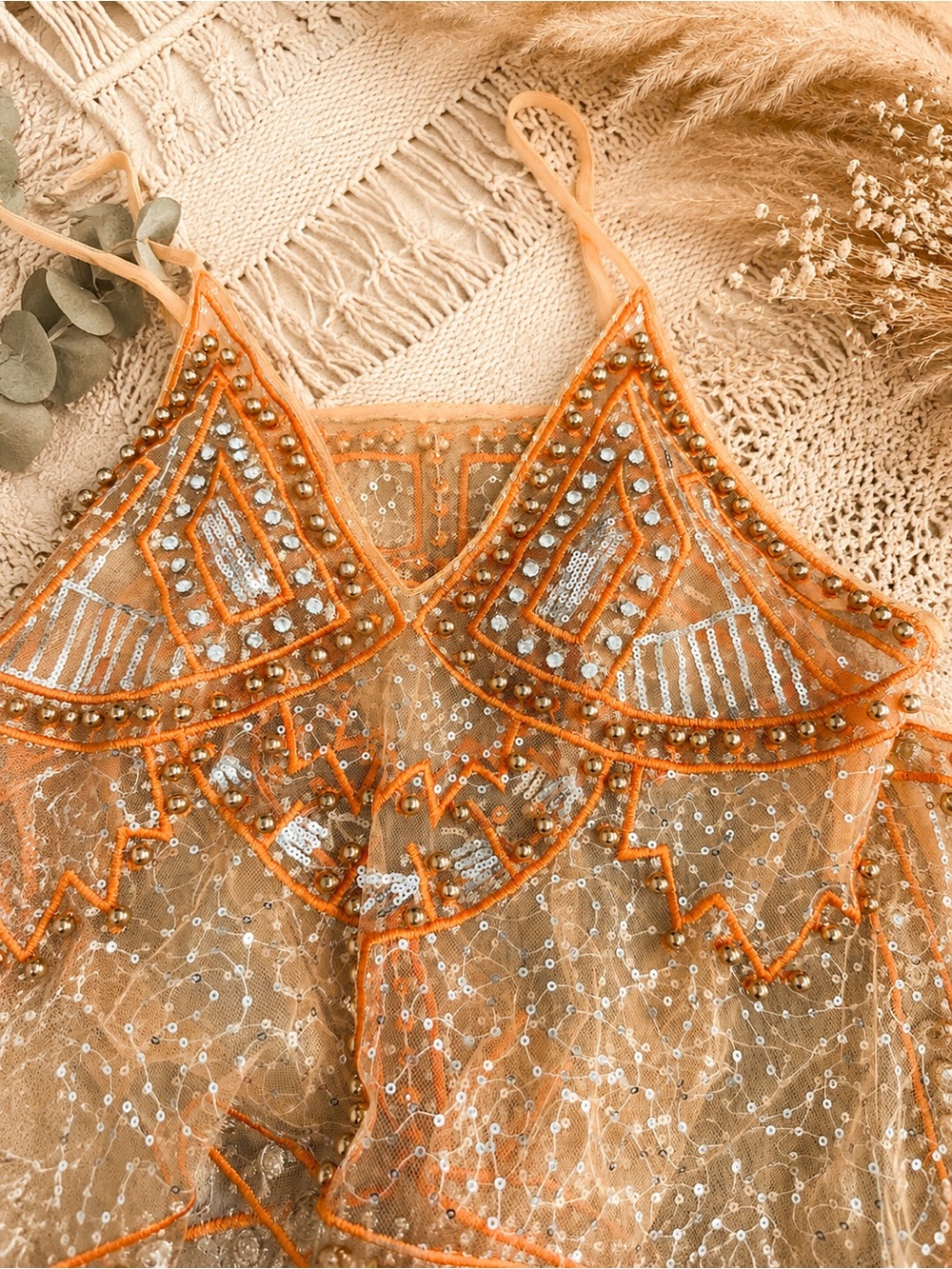 SHEIN Orange Beaded Sequin Lace Cami